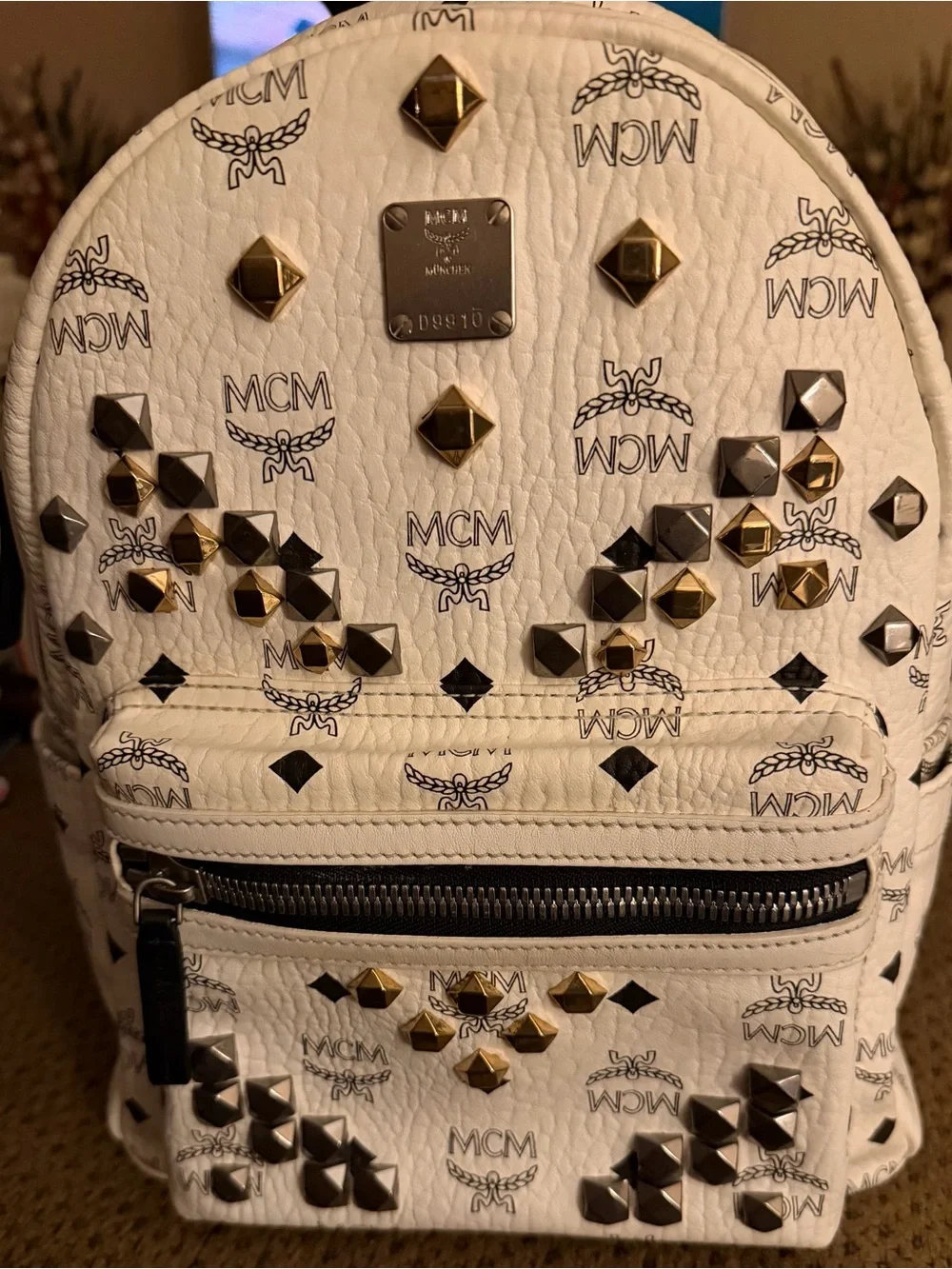 MCM White Visetos Studded Leather medium/large backpack